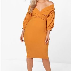 Boohoo Mustard Off-Shoulder Midi Dress